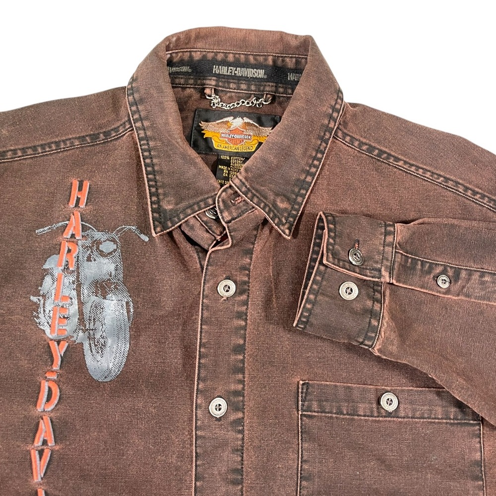 Harley-Davidson L Brown Button Up Shirt Canvas Acid Wash Biker Moto 96121-04VM